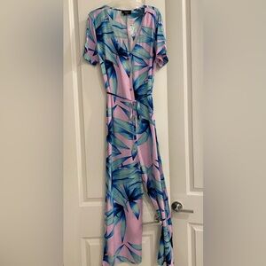 NWOT Vici blue palm leaves pink jumpsuit, size S